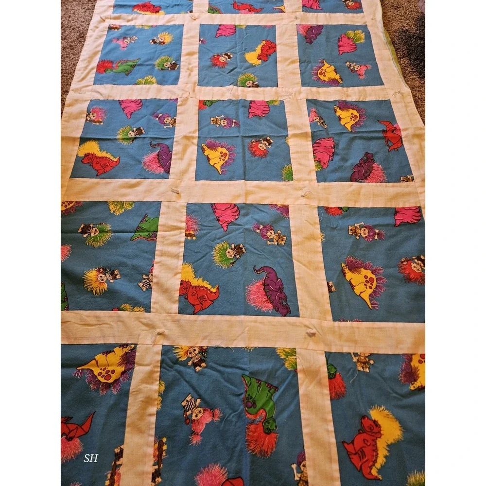 Vintage Trolls Quilt Handmade Patchwork Blanket Retro 90s Kids Throw Colorful